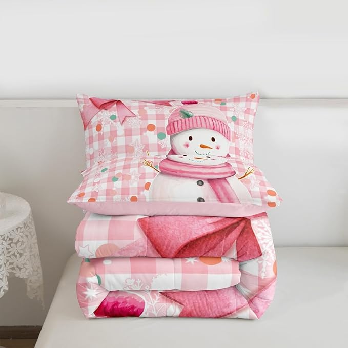 Castle Fairy Cute Cartoon Snowman Comforter Set,Pink Bow Girly Style Bedding Set Kids Teens Modern Decor,Pink White Geometric Grid Dots Comforter with 1 Pillowcase for All Seasons,Twin
