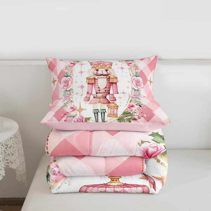 Feelyou Christmas Comforter Set Twin Size Pink Nutcrackers Bedding Set for Kids Boys Girls Floral Duvet Quilt Funny Nutcracker Bedroom Decor Rose Microfiber 2 Pcs with 1 Pillow Cases