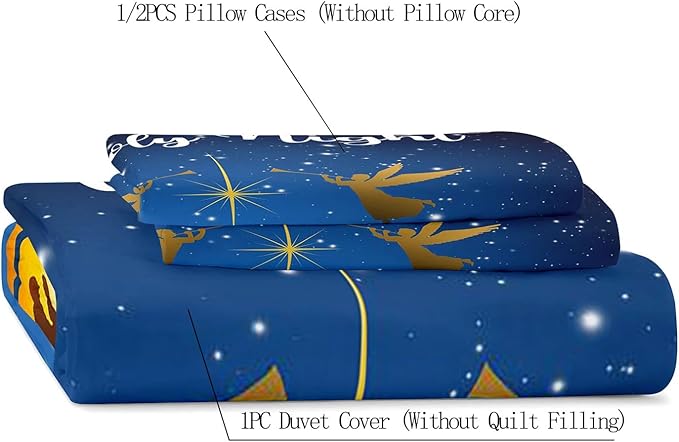 LUVIVIHOME 3PCS Christmas Duvet Cover Full Bedding Set, Navy Blue Duvet Cover, Galaxy Oh Holy Night Nativity Scene Angel Winter Holiday Xmas Christmas Comforter Cover, Bed in a Bag, 2 Pillow Cases