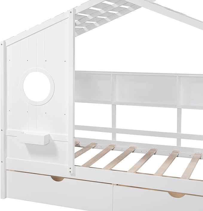 Twin Size House Bed with Storage Drawers,Kids House Bed Frame with Shelves,Cute Wood House Bed Twin with Roof for Kids,Girls,Boys,White