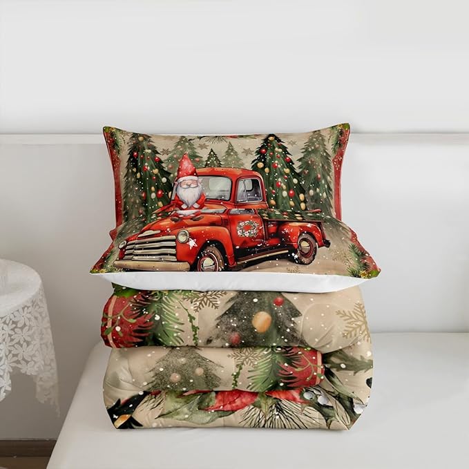 Manfei Red Truck Comforter Set Queen Size, Xmas Trees Santa Claus Snowflake Bedding Set 3pcs for Kids Boys Girls Room Decor, Christmas Theme Down Comforter New Year Quilt Set with 2 Pillowcases