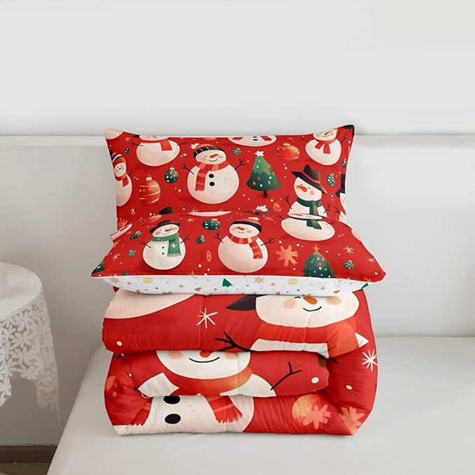 Feelyou Christmas Comforter Set Twin Size Snowman Bedding Set for Kids Boys Girls Snowflake Duvet Quilt New Year Theme Bedroom Decor Microfiber 2 Pcs with 1 Pillow Cases