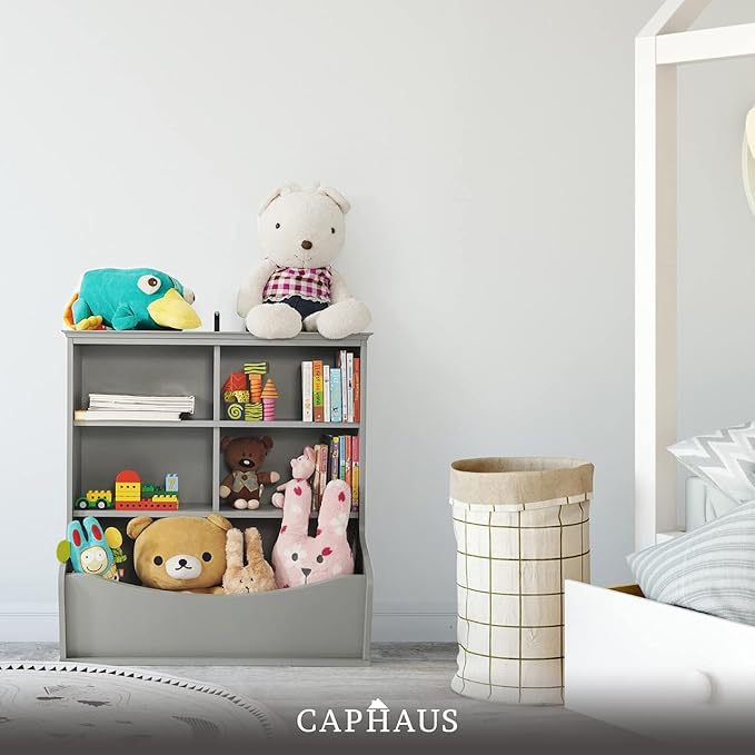 CAPHAUS Kids' Toy Storage Organizer, Open Cubby, Multifunctional Book and Cabinet, Shelf for Nursery, Playroom, Closet, Home Organization Bookcase, E. Grey - 33'' Height