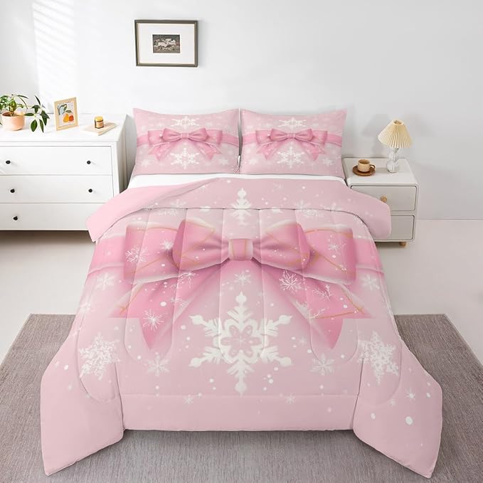 Feelyou Pink Bow Comforter Set All Season Coquette Bow Knot Bedding Set with 2 Pillow Cases Xmas Snowflake Kids Full Bedclothes Cute Dreamy Princess Style Decor Christmas Duvet Quilt Soft Lightweight