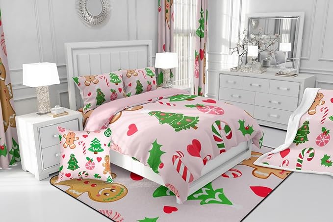 Feelyou Merry Christmas Kids Comforter Set Twin Size Gingerbread Man Bedding Set Christmas Decor Duvet Quilt for Kids Boys Girls Bedroom New Year Gift Decor Microfiber Ultra Soft Breathable