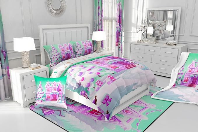 Feelyou Merry Christmas Comforter Cover Set Christmas Tree Snowman Duvet Cover Set for Kids Boys Girls Bedroom Bed Decor Xmas Christmas Purple Bedding Set Queen Size Soft Quilt Cover,No Comforter