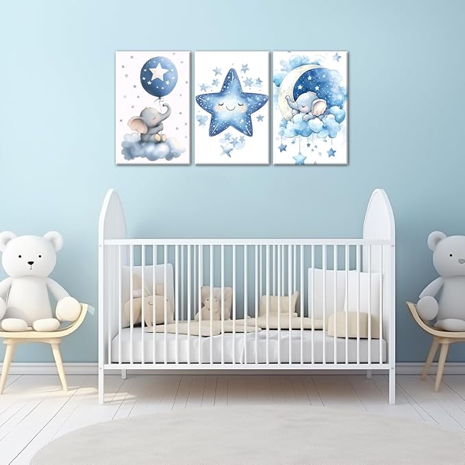 Nursery Canvas Wall Art Elephant Pictures Wall Decor Moon and Stars Painting Baby Boy Prints Cute Animal Poster Artwork for Kids Room Bathroom Decor Framed(Baby-1,12L x 16W x 3Pcs)
