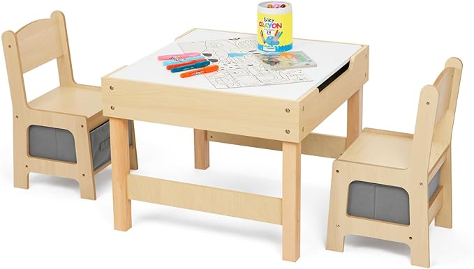 3 in1 Kids Table and Chairs Ages 3-7, Montessori Toddler Table and Chair Set with Versatile Tabletop and Storage Drawer, Kids Activity Desk for Home, Nursery and Playroom