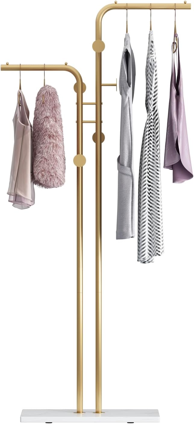 DR.IRON Double-pole Coat Racks Freestanding, Metal Gold Clothing Rack with 5 Hooks and Marble Base, Modern Coat Hanger Stand for Entryway, Living Room, Bedroom Gold