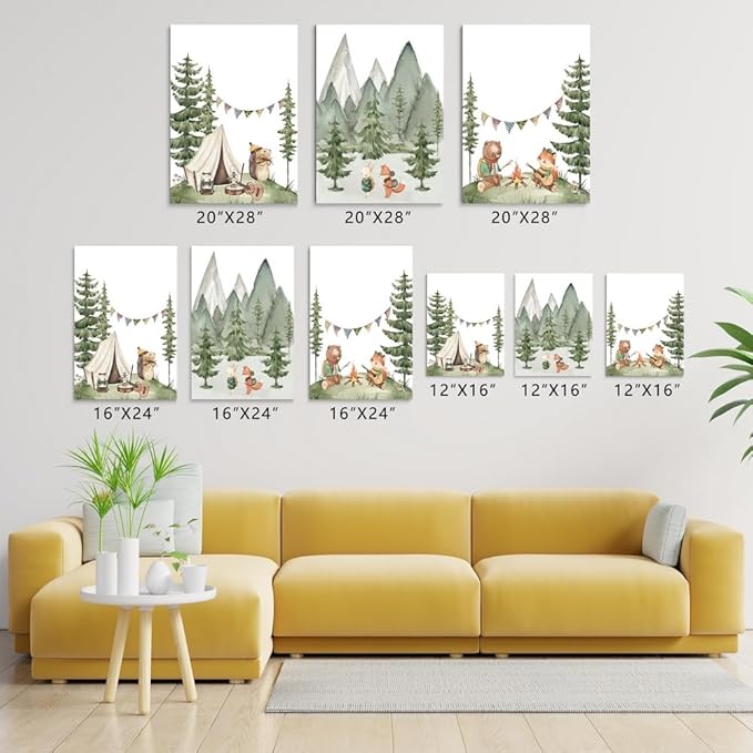 Camping Nursery Wall Art, Woodland Hiking Nursery Wall Decor, Bear Fox Animals Forest Mountain Wall Art, Nature Kid Print for Baby Boy Girl Bedroom, Children's Room Decor, Framed Canvas, 12"x16"x3