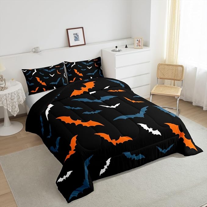 Erosebridal Bat Bedding Set for Kids Adults Boys Girls Happy Halloween Comforter Set King Size Gothic Spooky Quilt Orange Bats Duvet Insert with 2 Pillow Cases