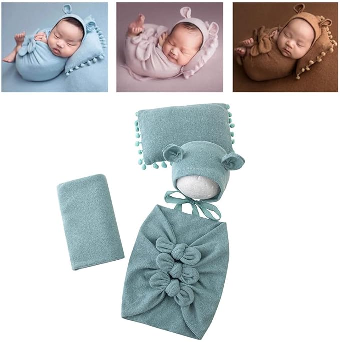 Vemonllas Newborn Baby Boy Girl Photography Props Bow Wrap, Posing Aid, Hat and Blanket Set of 4 Pcs