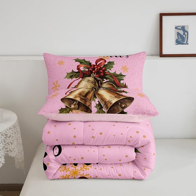 Erosebridal Merry Xmas Twin Kids Comforter Sets Christmas Bell Bedding Sets for Girls Happy New Year Theme Down Comforter for Boys Teens Snowflake Quilt Set,Pink