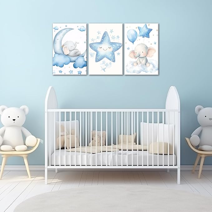 Nursery Wall Art Baby Boy Wall Decor Blue Elephant Moon and Stars Painting Prints Cute Animal Canvas Poster for Kids Room Decor Framed(Baby-2,24L x 36W x 3Pcs)