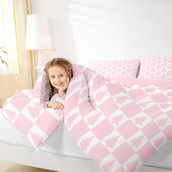 Feelyou Christmas Bedding Set Soft for Boys Girls, Checkered Comforter Set Twin Size Christmas Tree Duvet Quilt Microfiber Xmas Decorations Bedroom Decor Pink 2 Pcs with 1 Pillow Cases
