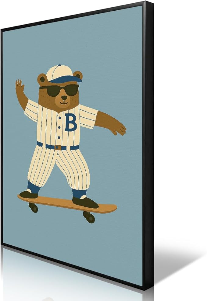 Skateboard Canvas Wall Art, Nursery Animal Sports Posters, Fashion Sunglasses Bear Athletes Pictures, No.1 Kiddo Inspirational Quote Print, Funny Skateboard Rabbit Dog Painting 8x12in Unframed