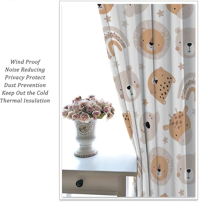 Cartoon Boho Animal Curtains,Funny Forest Safari Print,Cute African Wildlife Koala Giraffe Lion Leopard Bear Rainbow Blackout Window Drapes for Boys Girls Kids Baby Child Bedroom 84x84in