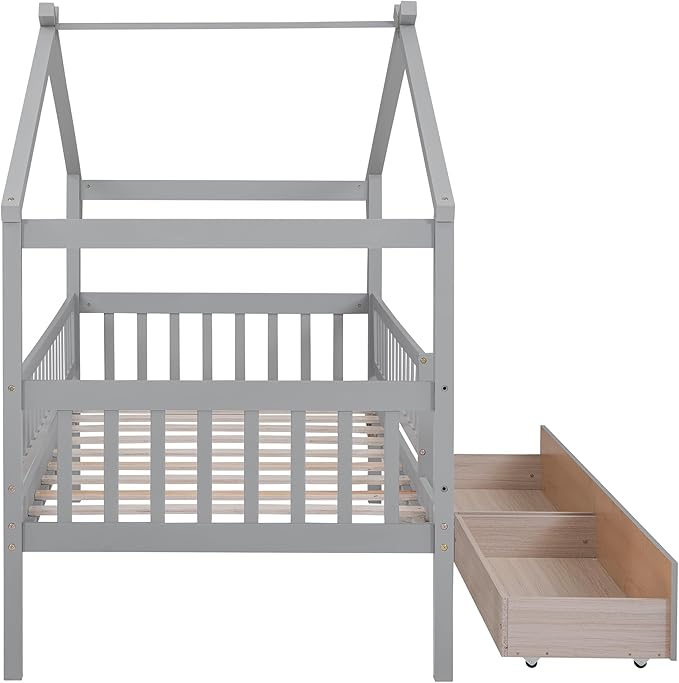 Aoowow Twin Size House Bed with Storage Drawers,Kids Wooden Bed Frame Twin House Bed with Slats and Fence for Boys Girls Teens for Bedroom(Grey)
