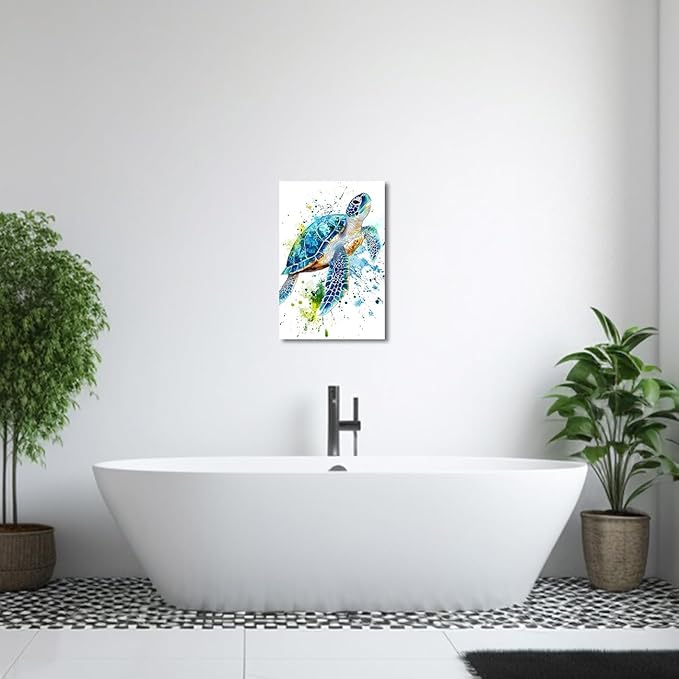 AWPANERAR Sea Turtle Wall Art Bathroom Pictures Watercolor Sea Life Canvas Prints Ocean Animal Poster Nautical Theme Artwork for Kids Room Nursery Decor Framed (White, (18L x 12W))