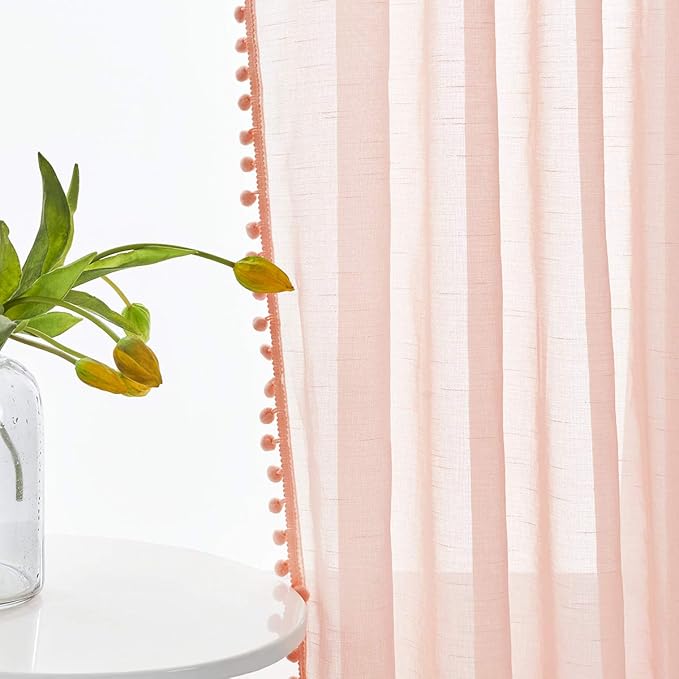 Treatmentex Blush Pink Pompom Sheer Curtains for Bedroom 84" Linen Textured Window Drapes for Living Room Kids Room 2 Panels 52" w