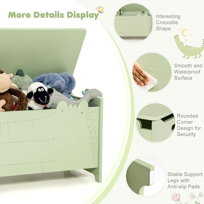 Costzon Wooden Toy Box, Kids Large Trunk Chest with Safety Hinge & Handles, Flip-Top Storage Organizer for Children’s Playroom Bedroom Living Room Entryway (Green)