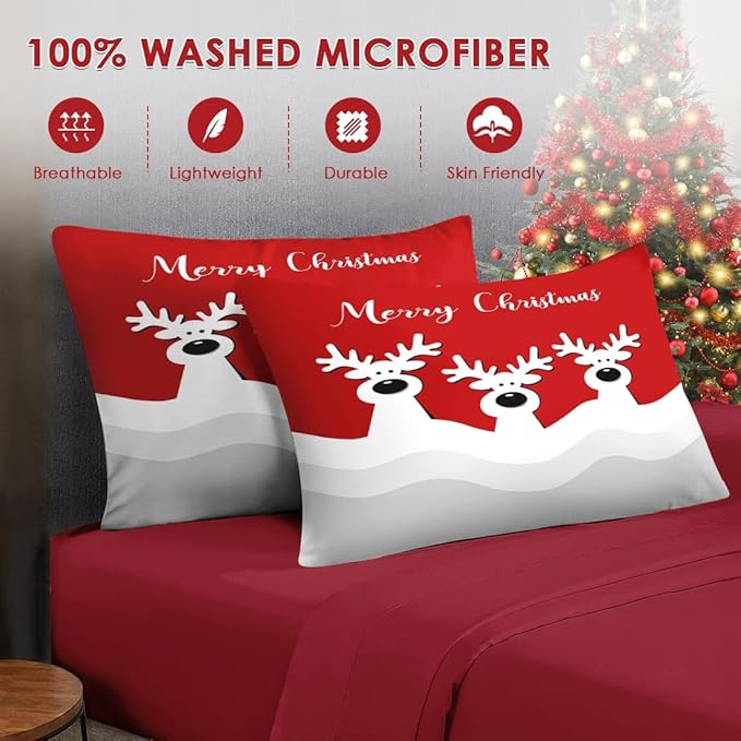 7 Pcs Full Size Christmas Comforter Set with 2 Pillowcases & 2 Shams, Cute Cartoon Reindeer Bedding for Kids and Adults, Winter Merry Xmas Bed in a Bag with Flat Fitted Sheet