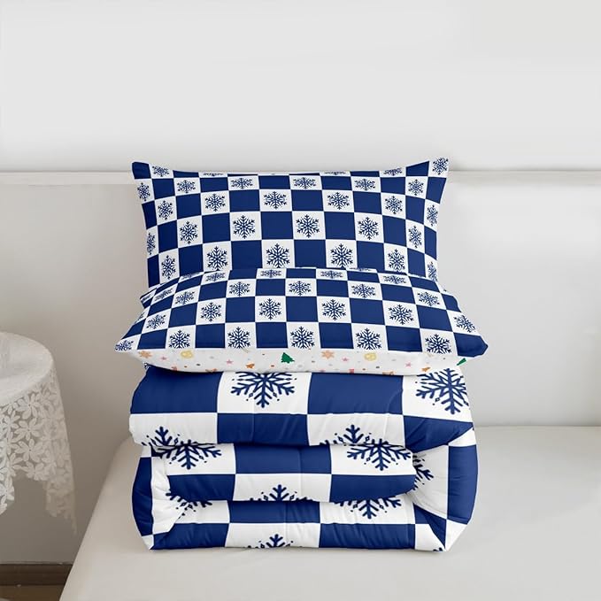Feelyou Christmas Bedding Set Soft for Boys Girls, Checkered Comforter Set King Size Snowflake Duvet Quilt Microfiber Xmas Decorations Bedroom Decor Blue 3 Pcs with 2 Pillow Cases
