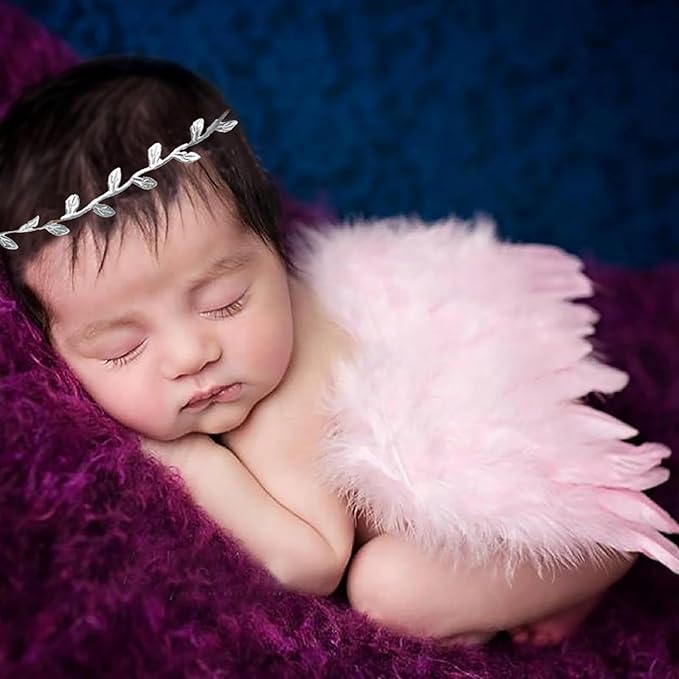 2PCS Pink Angel Wings With Leaf Headband For Newborn Infant Photo Props Soft Feather Wings For Kids Photo Outfits Baby Girls Costume(Color G, One Size)