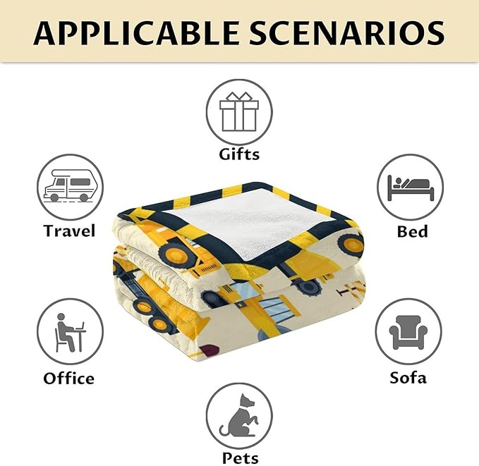 Construction Throw Blanket for Boys - 60" x 80" Inches Construction Throws Gift - Yellow Lightweight Fuzzy Blanket for Bed, Couch, Travel
