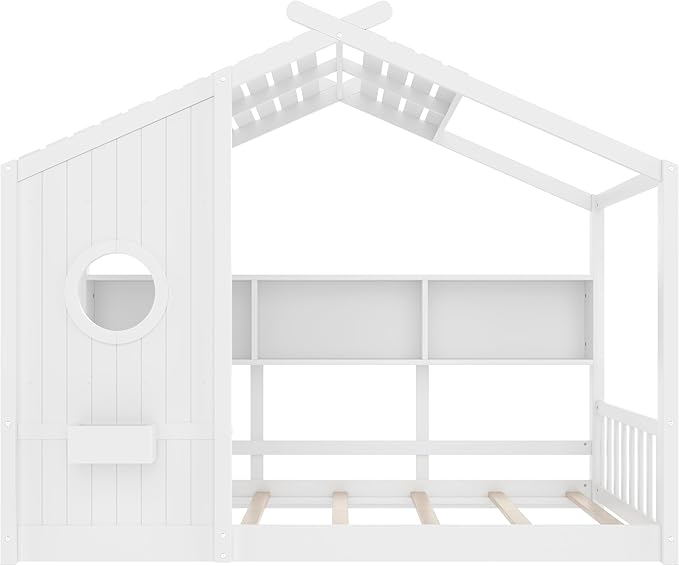 Twin Size House Bed with Storage Shelves for Kids,Kids Montessori Floor Bed, Cute Wood House Bed Frame Twin with Roof for Girls,Boys,Can be Decorated,White