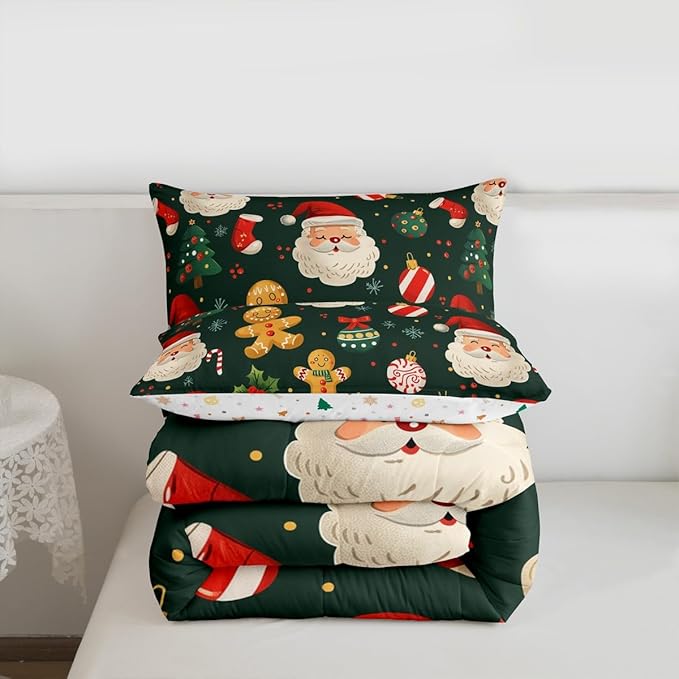 Feelyou Christmas Bedding Set Soft for Boys Girls, Santa Xmas Tree Comforter Set Queen Size Gingerbread Man Duvet Quilt Microfiber Snowflake Stockings Bedroom Decor 3 Pcs with 2 Pillow Cases