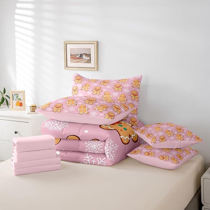 Erosebridal Christmas Gingerbread King Bedding Set 7 Piece,Cute Gingerbread Man Bed in A Bag,Xmas Snowflake Comforter Set Girls Sheet Set with Comforter,Pink Christmas Decoration