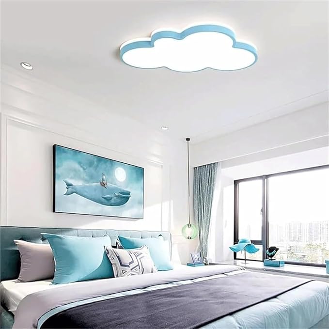 Cute Cloud LED Ceiling Light Fixture, Blue & White Flush Mount Lamp, Modern Eye-Caring Lighting for Kids’ Bedroom, Nursery, Baby Room, Playroom Decor(Blue,48cm)