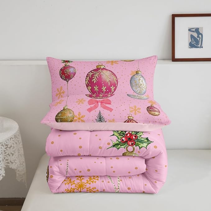 Erosebridal Merry Christmas Twin Bedding Sets Xmas Tree Comforter Sets Kids Snowflake Happy New Year Down Comforter for Boys Girls Pink Bownot Decor Bed Set
