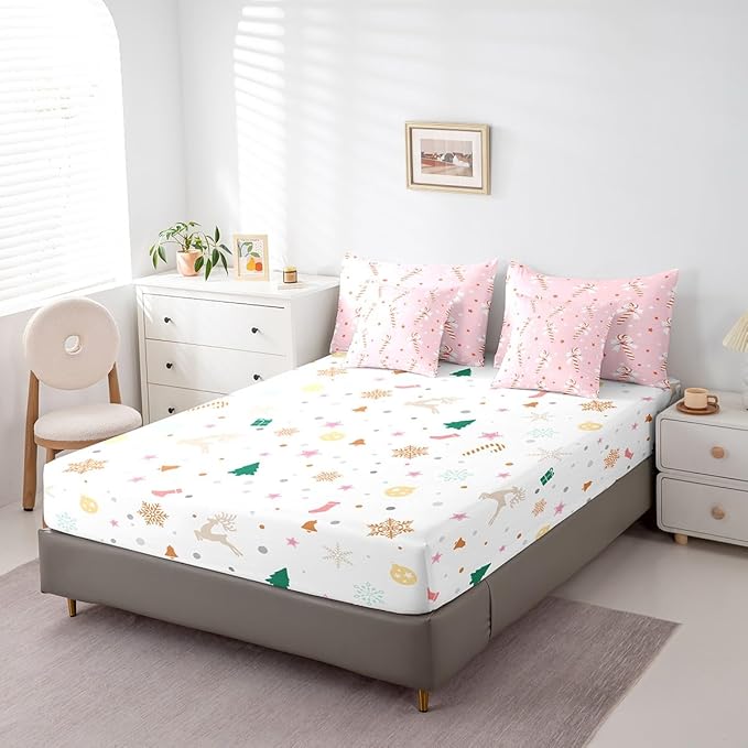 Feelyou Pink Christmas Girly Comforter Set with Sheets Kids Christmas Bowknot Bedding Set Boys Girls Bow Candy Decor Bed in a Bag Xmas Theme Bed Set Bedroom King Size