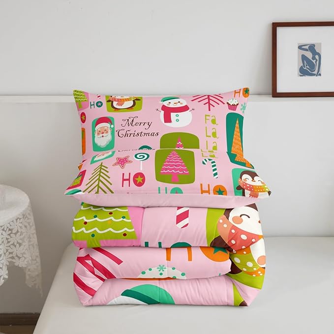 Erosebridal Christmas Kids Comforter Set Full Size Cartoon Santa Claus Quilts Boys Girls Room Decor Merry Xmas Penguin Bedding Set Christmas Tree Snowman Down Comforter,Pink