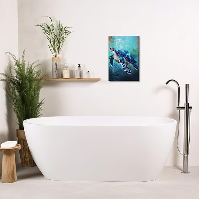 AWPANERAR Sea Turtle Wall Art Bathroom Pictures Watercolor Sea Life Canvas Prints Ocean Animal Poster Nautical Theme Artwork for Kids Room Nursery Decor Framed (Blue, (42L x 28W))