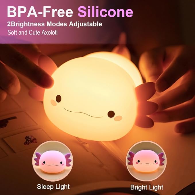 Axolotl Night Light for Kids Bedroom, Animal Silicone Nursery Night Lamp Touch Dinosaurs Nightlights USB Rechargeable Bedside Lamp for Baby Children Toddlers Girls Gift (Pink Axolotl)