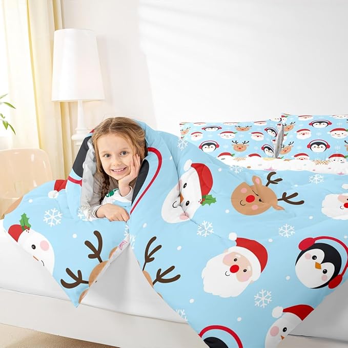 Feelyou Merry Christmas Comforter Set All Season Santa Claus Bedding Set with 2 Pillow Cases Deer Penguin Microfiber Kids Full Bedclothes Snowman Bedroom Decor Duvet Quilt Breathable Soft Lightweight