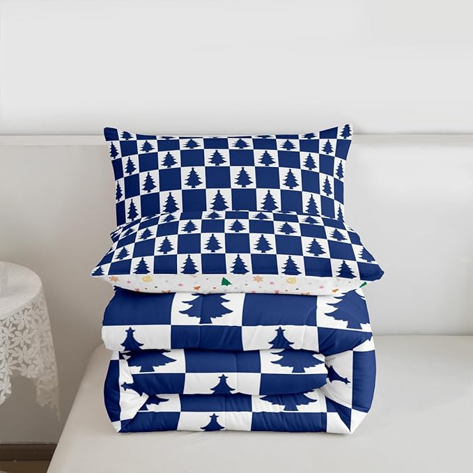 Feelyou Christmas Kids Comforter Set Queen Size Checkered Bedding Set Christmas Tree Duvet Quilt for Kids Boys Girls Bedroom Xmas Decorations Decor Blue Microfiber Ultra Soft Breathable