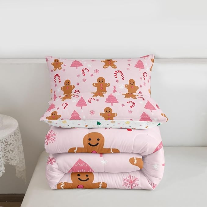 Feelyou Cute Gingerbread Man Comforter Set All Season Pink Christmas Tree Bedding Set with 2 Pillow Cases Candy Cane Kids King Snowflake Room Decor Christmas Duvet Quilt Breathable Soft Lightweight