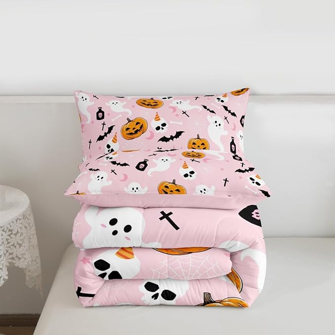 Erosebridal Pink Halloween Comforter Set Cute Ghost Bedding Set Toddler Size,Spooky Pumpkin Bat Decor Quilt for Kids Boys Girls Adults Vintage Halloween Decorations Down Comforter