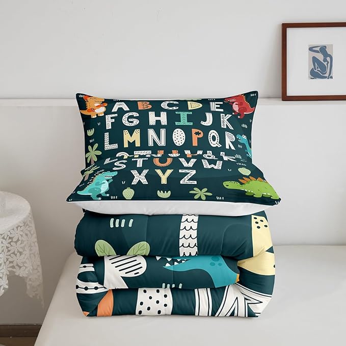 Feelyou Alphabet Kids ABC Learning Bedding Set Queen Size, Cartoon Dino Comforter Kids Educational Nursery Art Comforter Set for Boys Girls Jungle Dino Duvet Set Durable Bed Set 3Pcs