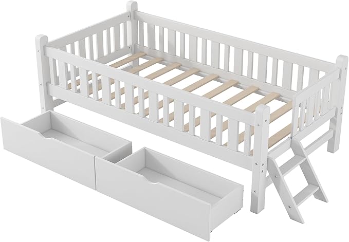 LUMISOL Twin Size Kids Bed Frame with Storage Drawers, Wood Twin Size Floor Bed with Safety Guardrail and Ladder for Girls Boys Teens, White