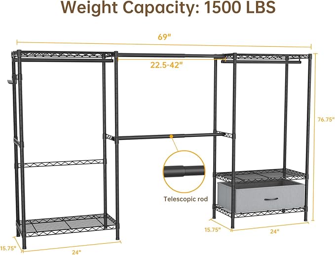 Coat Rack Clothes Wardrobe：Closet Organizer and Storage Clothing Garment Rack with Shelves Heavy Duty for Hanging Clothes Portable Adjustable Black 15.8" DX69 WX76.5 H