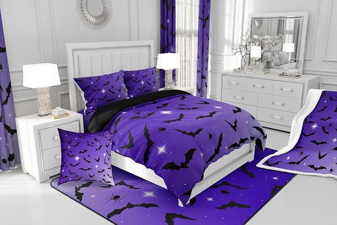 Erosebridal Bat Comforter Set Queen Size for Kids Galaxy Glitter Bedding Set with 2 Pillow Cases Happy Halloween Quilt Gothic Spooky Down Comforter Purple and Black