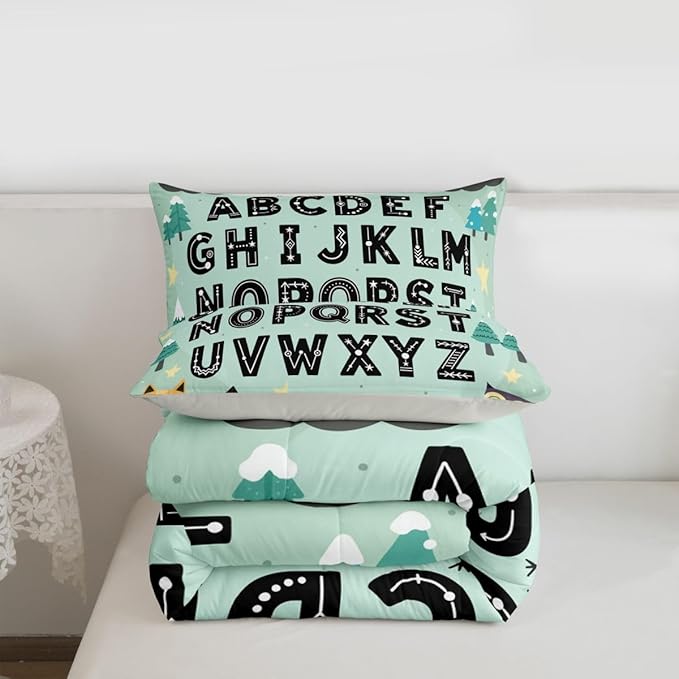 Feelyou Alphabet Kids ABC Learning Comforter Set All Season Cute Fox Bedding Set with 2 Pillow Cases Educational Nursery Art Kids Queen Bedclothes Woodland Animals Bedroom Decor Duvet Quilt