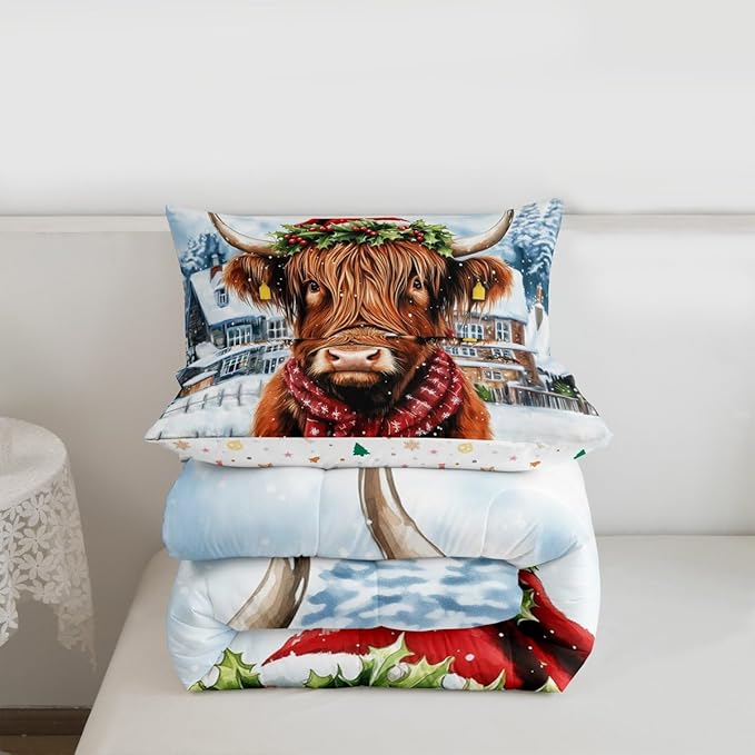 Feelyou Merry Christmas Bedding Set Soft for Boys Girls, Highland Cow Comforter Set Twin Size Snowflake Duvet Quilt Microfiber Winter Bedroom Decor 2 Pcs with 1 Pillow Cases