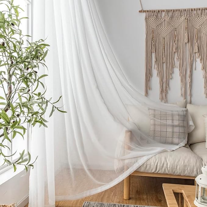 Off White Extra Long Sheer Curtain 132 Inches 1 Panel, Thin Textured Linen Look Floor to Ceiling Drapes, Rustic Ivory See Through Sheers, DIY Pinch Pleat Sliding Glass Door Curtain