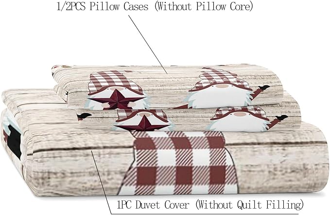LUVIVIHOME 2PCS Christmas Gnome Duvet Cover Twin Bedding Sets, Primitive Country Rustic Farmhouse Bedding, Holly Berry Star Red Buffalo Plaid Checkered Comforter Bedspread Quilt Cover, 1 Pillow Sham